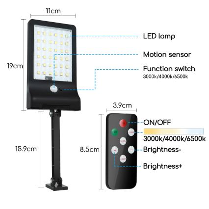 Aigostar - LED Dimbaar zonne- lamp met sensor LED/2,3W/5,5V IP65 1800 mAh + afstandsbediening