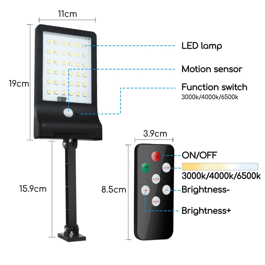 Aigostar - LED Dimbaar zonne- lamp met sensor LED/2,3W/5,5V IP65 1800 mAh + afstandsbediening