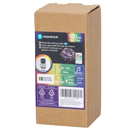 Aigostar - Dimbaar LED-buitenkerstsnoer met bewegingssensor 100xLED/3xAA 12m meerkleurig + afstandsbediening