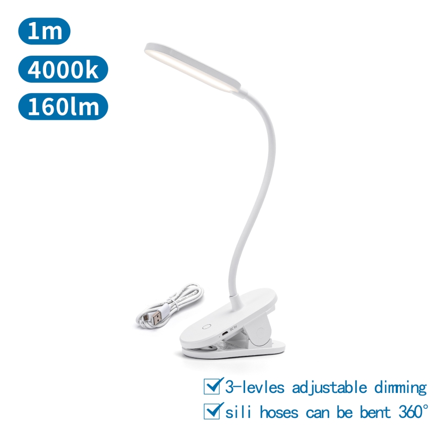Aigostar - LED Dimbare oplaadbare tafellamp met clip LED/2,5W/5V 1200mAh wit