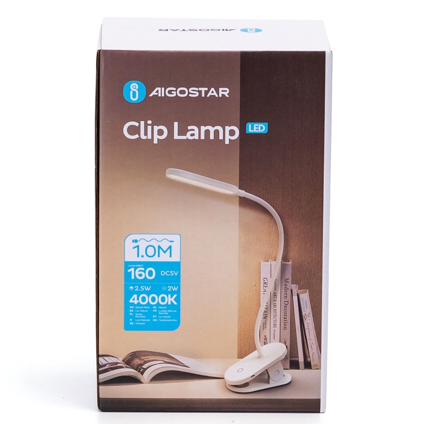 Aigostar - LED Dimbare oplaadbare tafellamp met clip LED/2,5W/5V 1200mAh wit