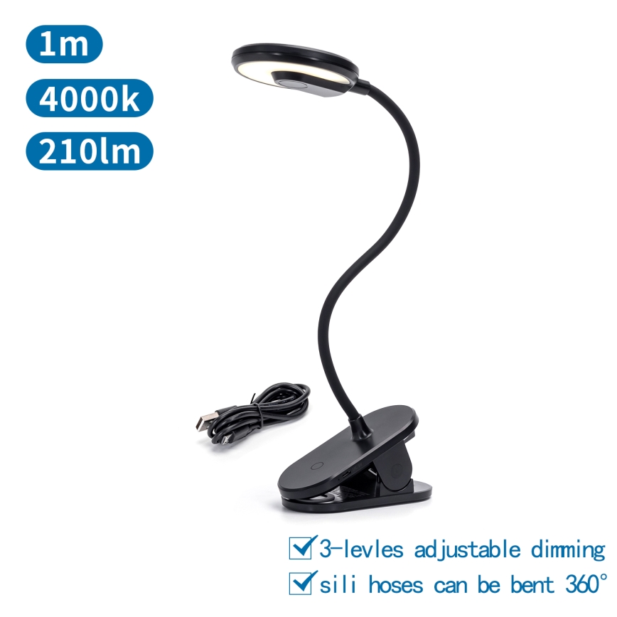 Aigostar - LED Dimbare oplaadbare tafellamp met clip LED/3W/5V 1800mAh zwart