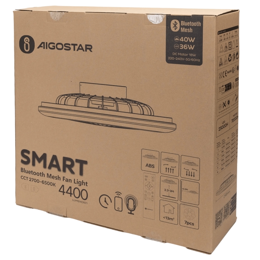Aigostar - LED Dimbare plafondlamp met ventilator MESH LED/40W/230V 2700-6500K wit + afstandsbediening