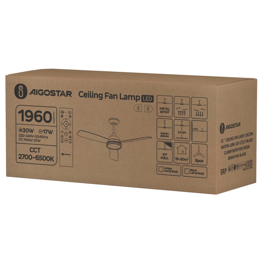 Aigostar - LED dimbare plafondventilator LED/20W/230V 2700-6500K 132cm wit/beige + afstandsbediening