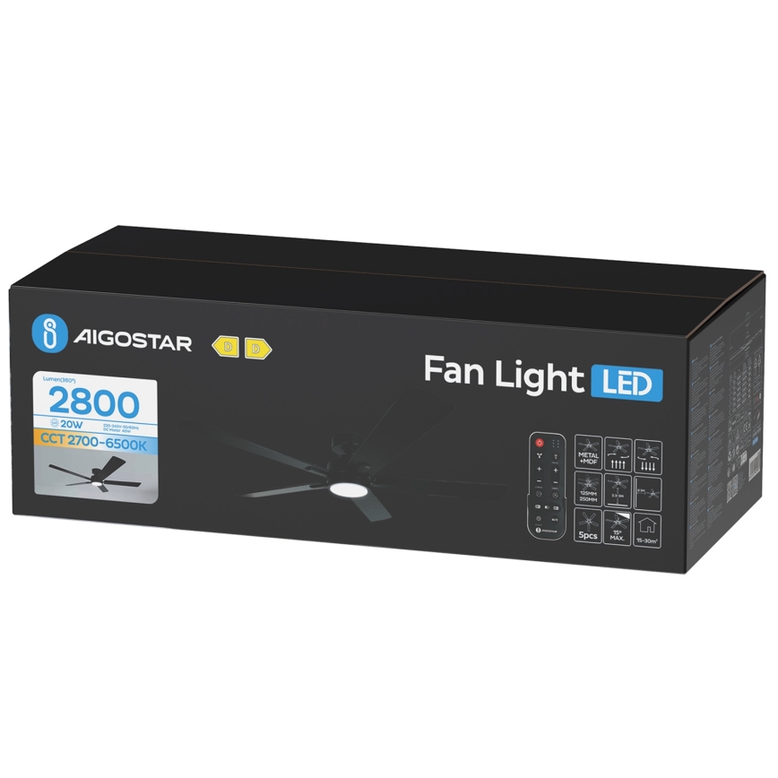 Aigostar - Dimbare LED-plafondventilator, 20W, 230V, 2700-6500K, 132 cm, zwart, met afstandsbediening