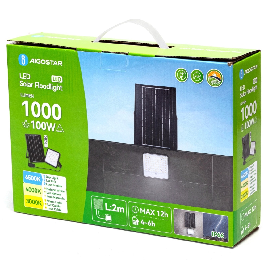 Aigostar - LED Dimbare zonne-schijnwerper LED/100W/3,4V 3000/4000/6500K IP66 + afstandsbediening