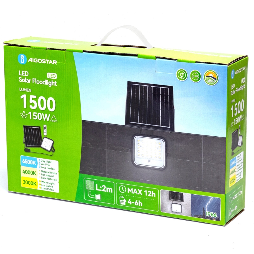 Aigostar - LED Dimbare zonne-schijnwerper LED/150W/3,4V 3000/4000/6500K IP66 12000 mAh + afstandsbediening