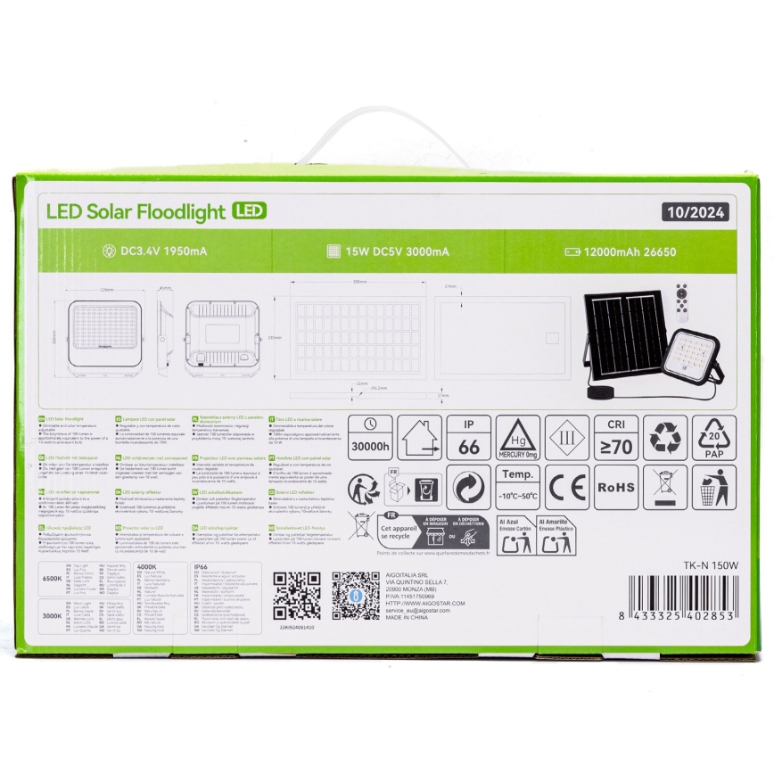 Aigostar - LED Dimbare zonne-schijnwerper LED/150W/3,4V 3000/4000/6500K IP66 12000 mAh + afstandsbediening