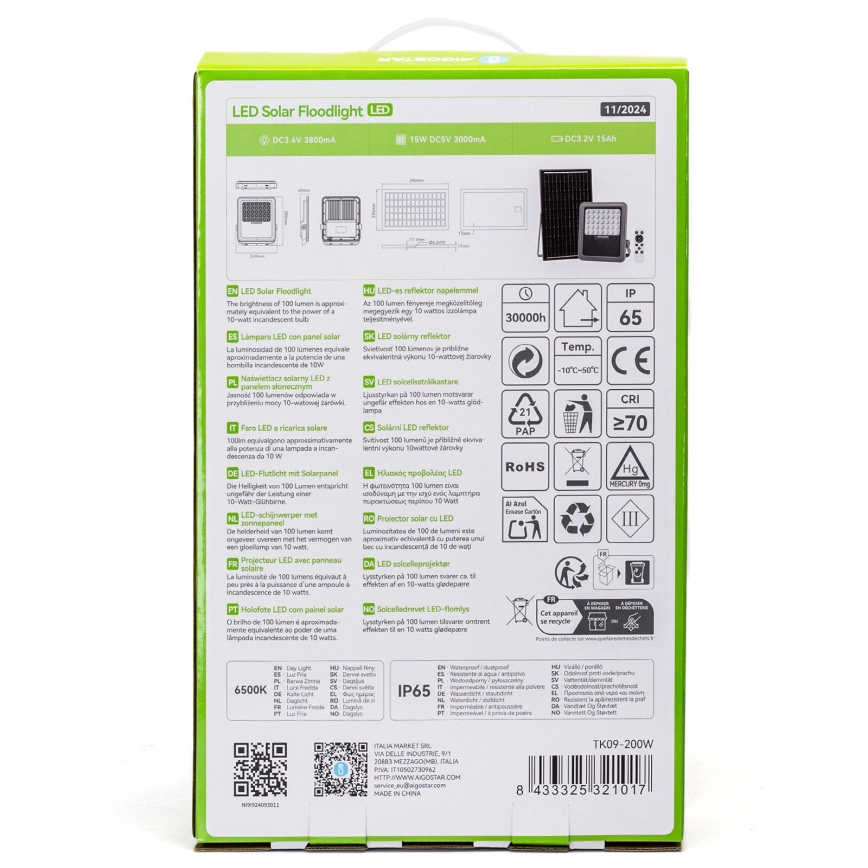 Aigostar - LED Dimbare zonne-schijnwerper LED/200W/3,4V IP65 + afstandsbediening