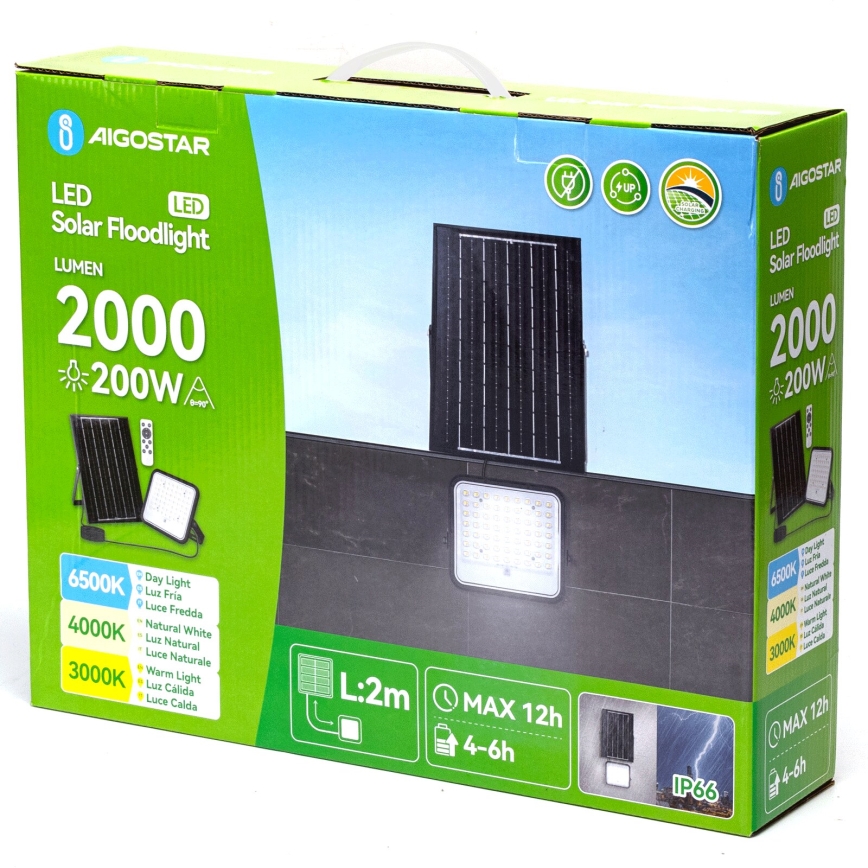 Aigostar - LED Dimbare zonne-schijnwerper LED/200W/3,4V 3000/4000/6500K IP66 16000 mAh + afstandsbediening