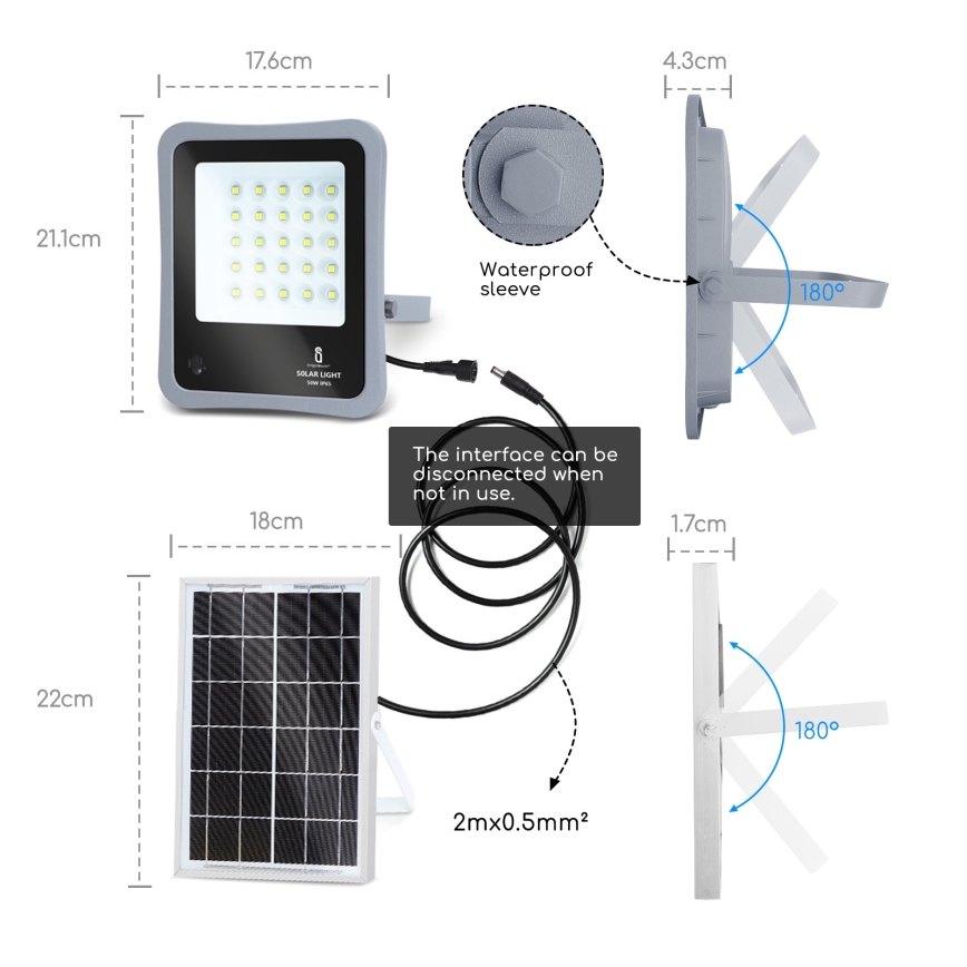 Aigostar - LED Dimbare zonne-schijnwerper LED/30W/3,2V 20000 mAh IP67 + AB