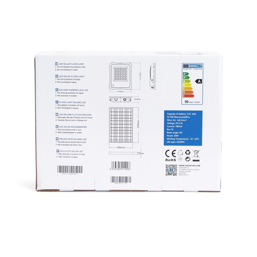 Aigostar - LED Dimbare zonne-schijnwerper LED/50W/3,2V IP65 6000 mAh + AB