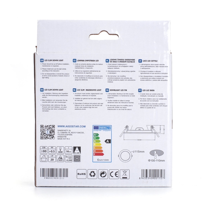 Aigostar - LED Hang plafondverlichting ULTRATHIN LED/6W/230V 3000K wit