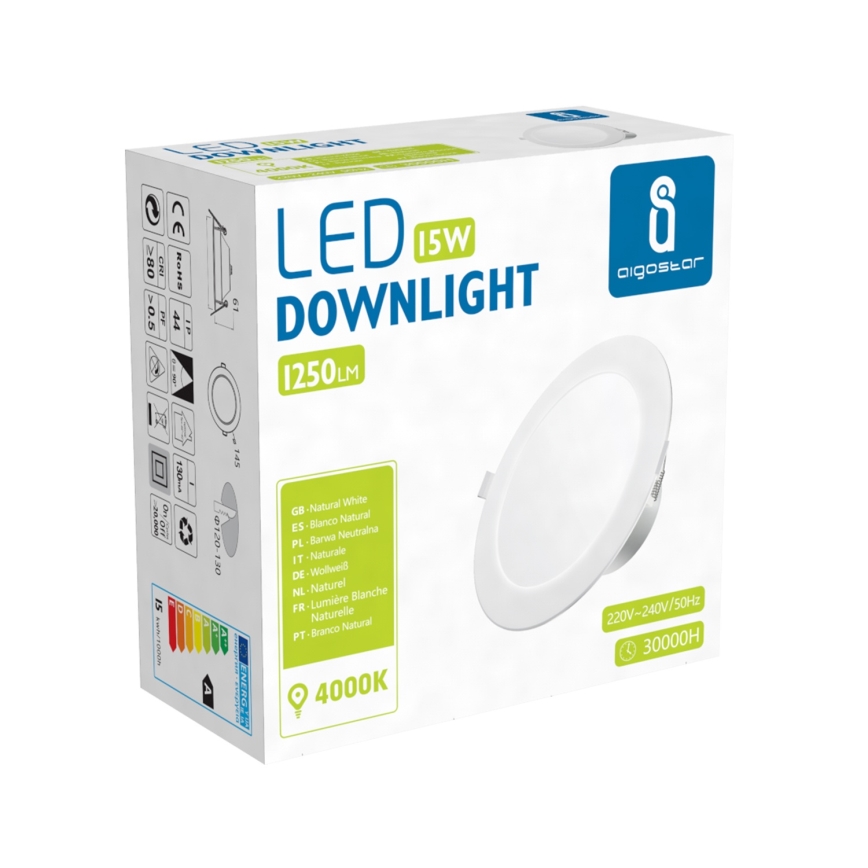 Aigostar - LED inbouwspot voor badkamer, 15W, 230V, 4000K, IP44, Ø 14,5 cm, wit