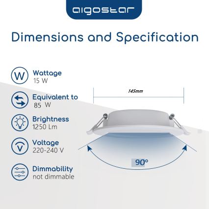 Aigostar - LED inbouwspot voor badkamer, 15W, 230V, 4000K, IP44, Ø 14,5 cm, wit