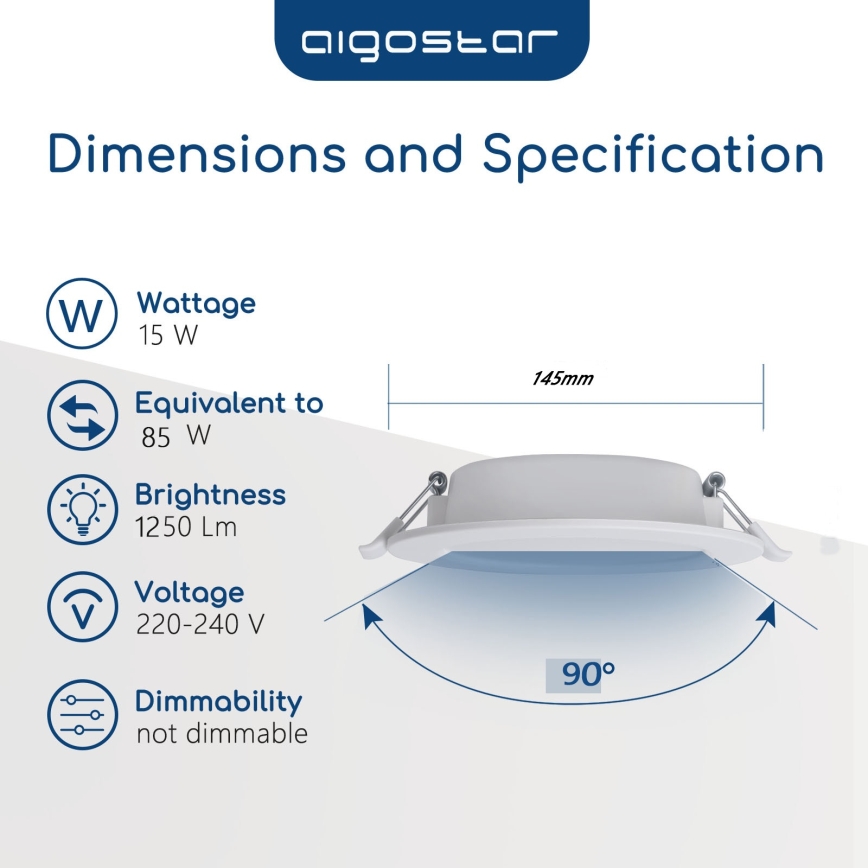 Aigostar - LED inbouwspot voor badkamer, 15W, 230V, 4000K, IP44, Ø 14,5 cm, wit