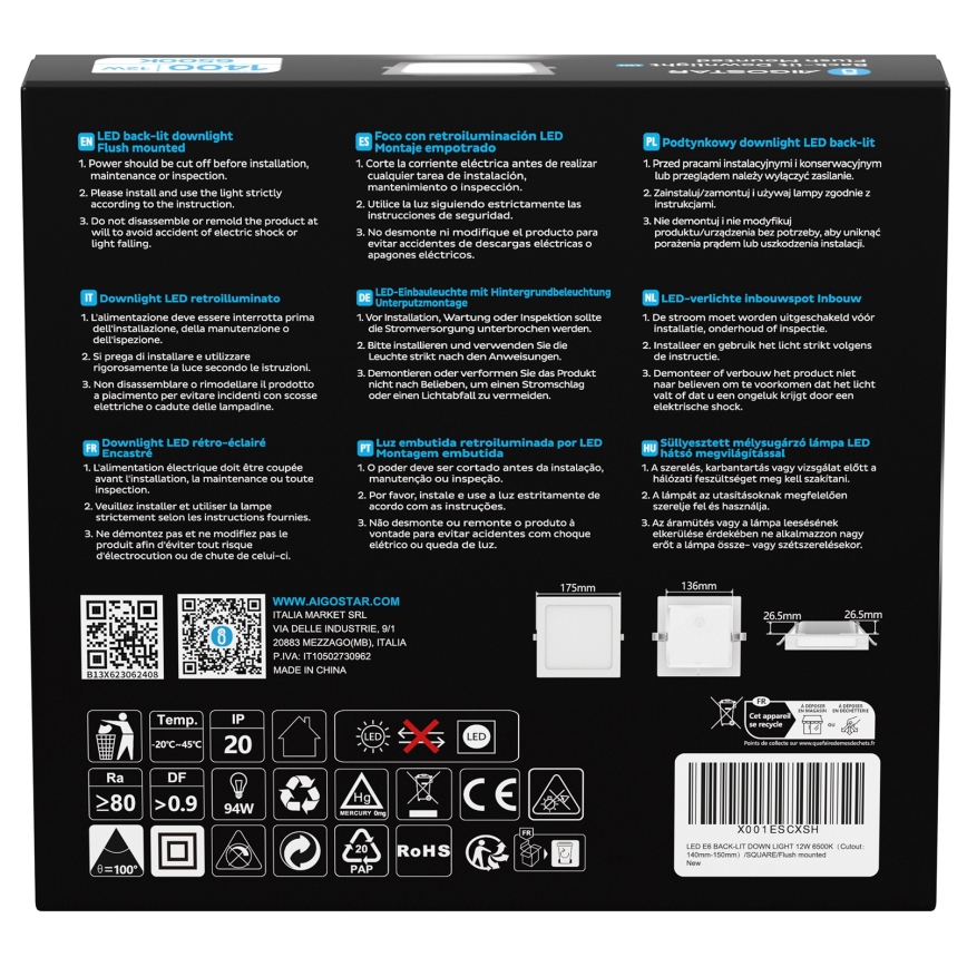 Aigostar - LED inbouwlamp LED/12W/230V 6500K 17,5x17,5 cm wit
