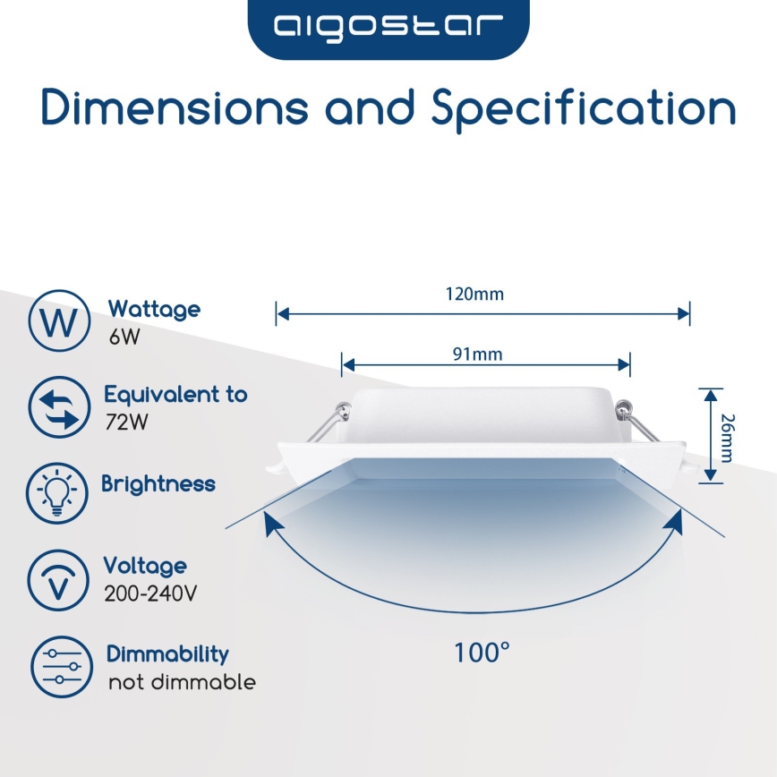 Aigostar - LED-inbouwspot 6W/230V 6500K 12x12 cm wit