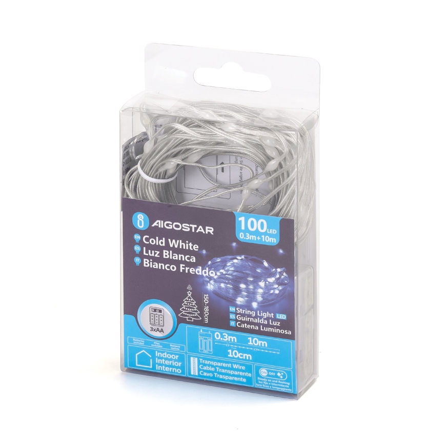 Aigostar - LED Kerst lichtsnoer 100xLED/3xAA 10,3m koud wit