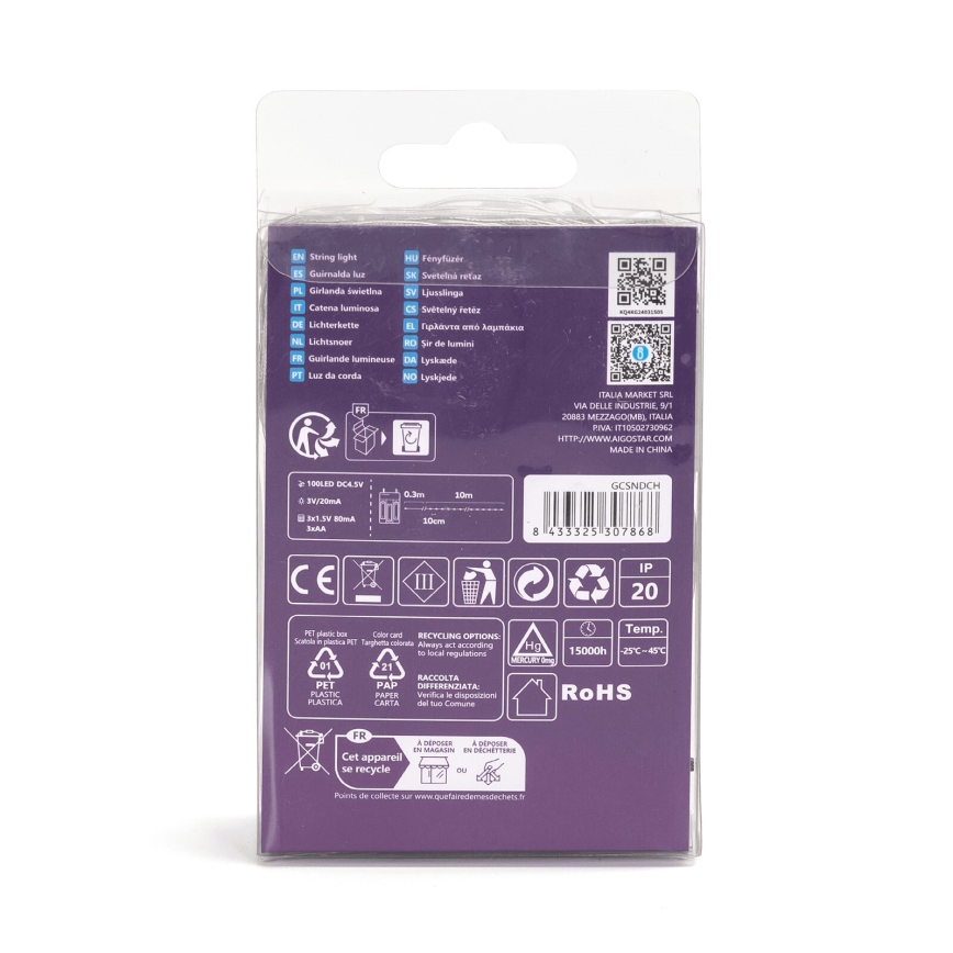Aigostar - LED Kerst lichtsnoer 100xLED/3xAA 10,3m koud wit