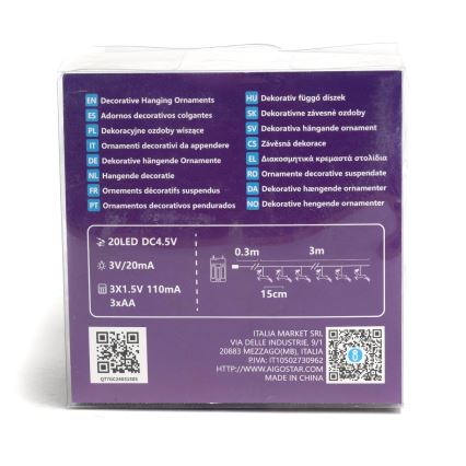Aigostar - LED Kerst lichtsnoer 20xLED/3xAA 3,3m rendieren