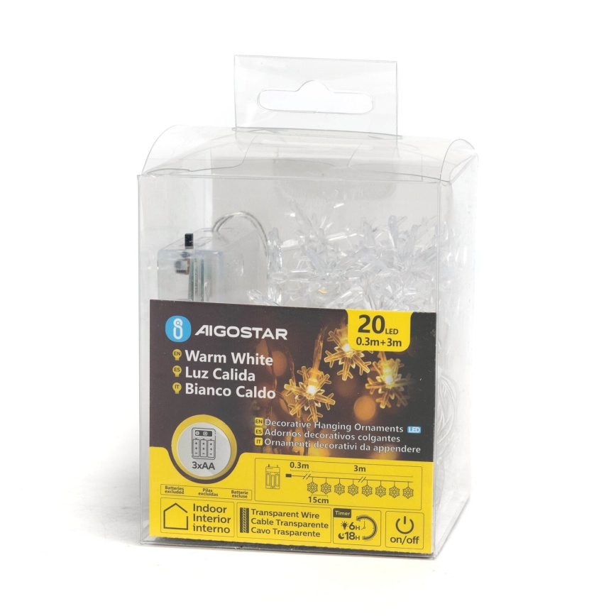 Aigostar - LED Kerst lichtsnoer 20xLED/3xAA 3,3m sneeuwvlokken