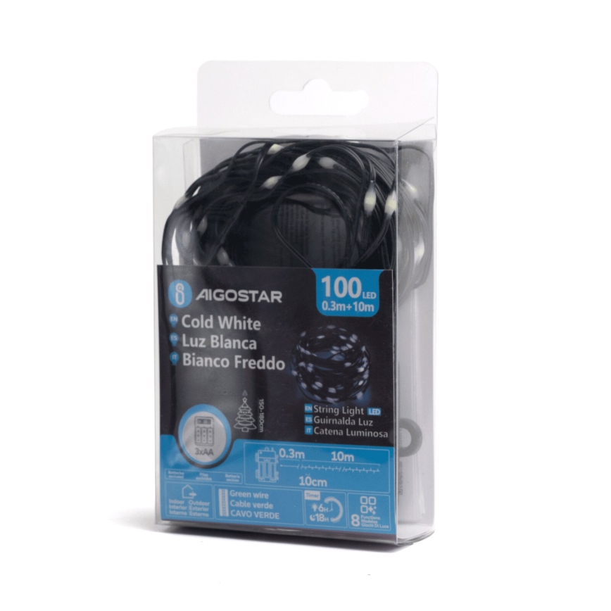 Aigostar - LED Kerst lichtsnoer voor buiten 100xLED/8 Functies 10,3m IP44 koud wit