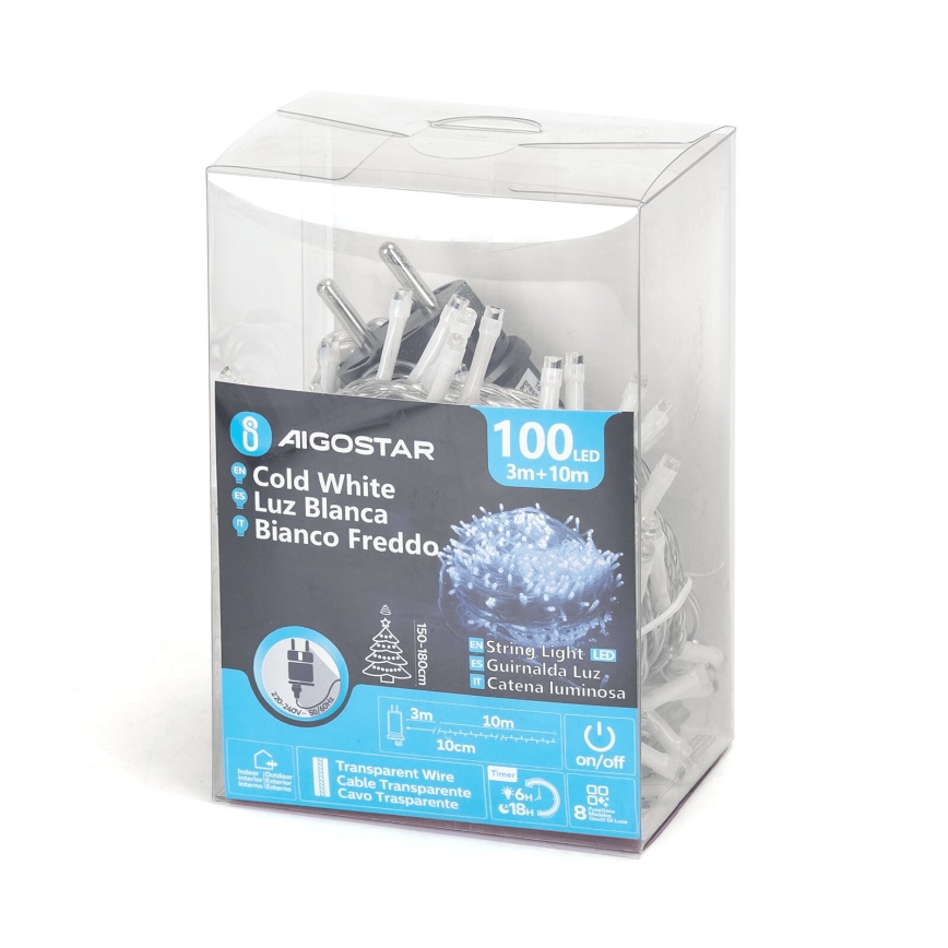 Aigostar - LED Kerst lichtsnoer voor buiten 100xLED/8 Functies 13m IP44 koud wit