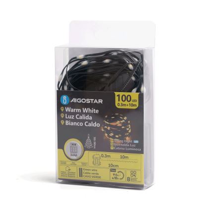 Aigostar - LED Kerst lichtsnoer voor buiten 100xLED/8 Functies 3xAA 10,3m IP44 warm wit