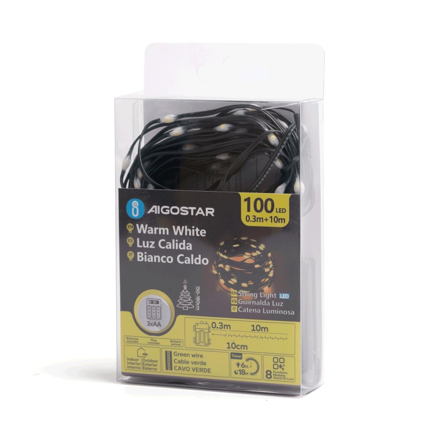 Aigostar - LED Kerst lichtsnoer voor buiten 100xLED/8 Functies 3xAA 10,3m IP44 warm wit