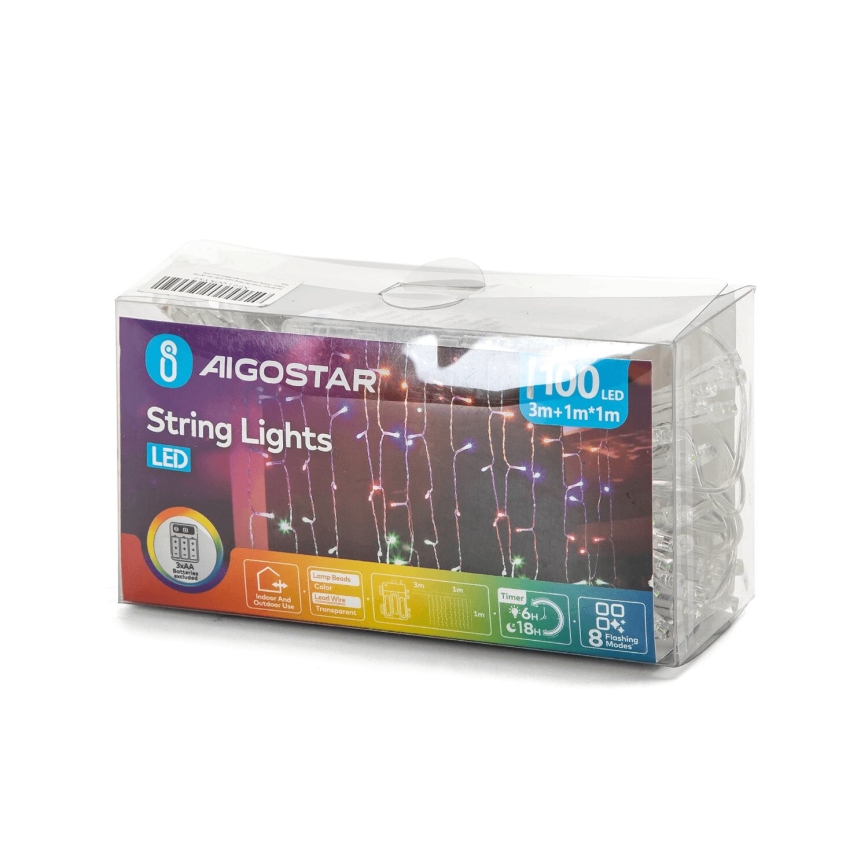 Aigostar - LED Kerst lichtsnoer voor buiten 100xLED/8 Functies 3xAA 4x1m IP44 Meerdere kleuren
