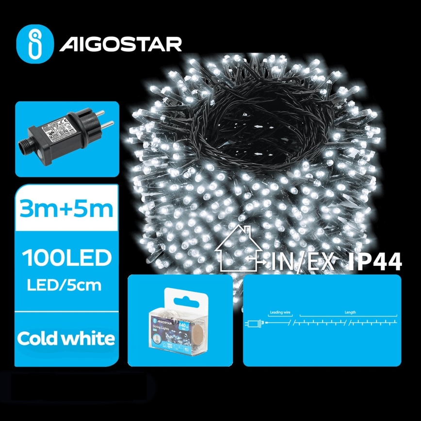 Aigostar - LED Kerst lichtsnoer voor buiten 100xLED/8 Functies 8m IP44 koud wit