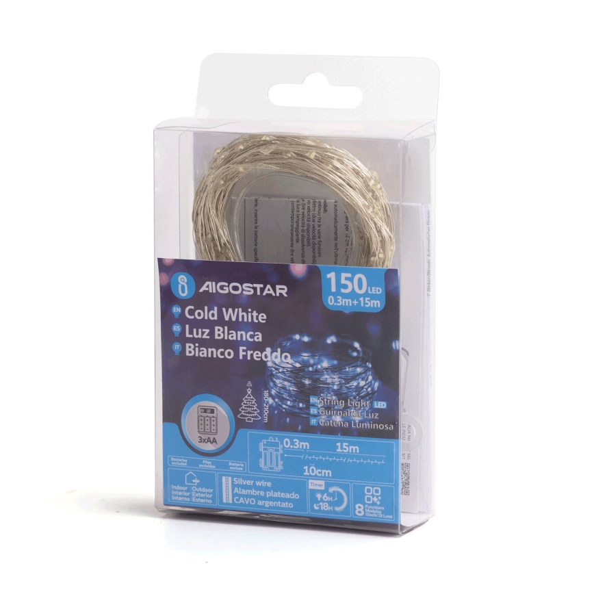 Aigostar - LED Kerst lichtsnoer voor buiten 150xLED/8 Functies/3xAA 15,3m IP44 koud wit