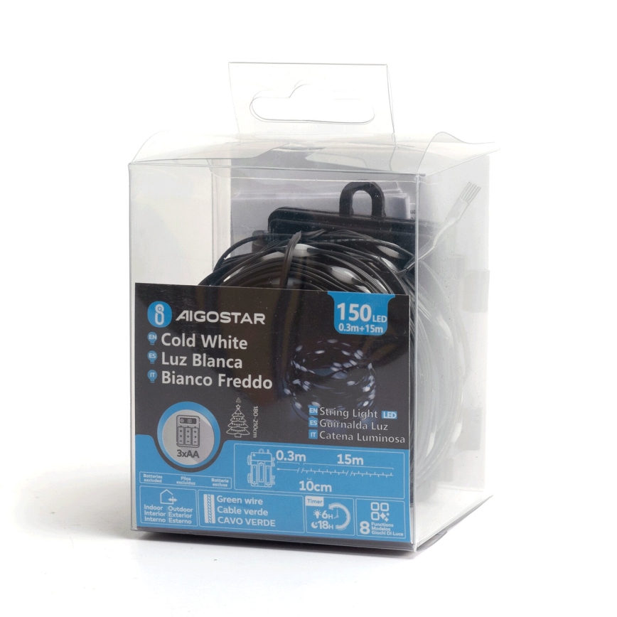 Aigostar - LED Kerst lichtsnoer voor buiten 150xLED/8 Functies 15,3m IP44 koud wit