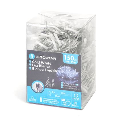 Aigostar - LED Kerst lichtsnoer voor buiten 150xLED/8 Functies 18m IP44 koud wit