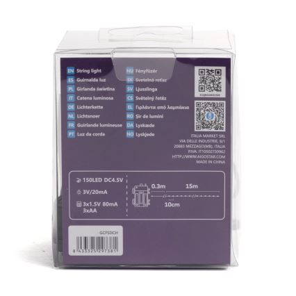 Aigostar -LED Kerst lichtsnoer voor buiten 150xLED/8 Functies 3xAA 15,3m IP44 Meerdere kleuren