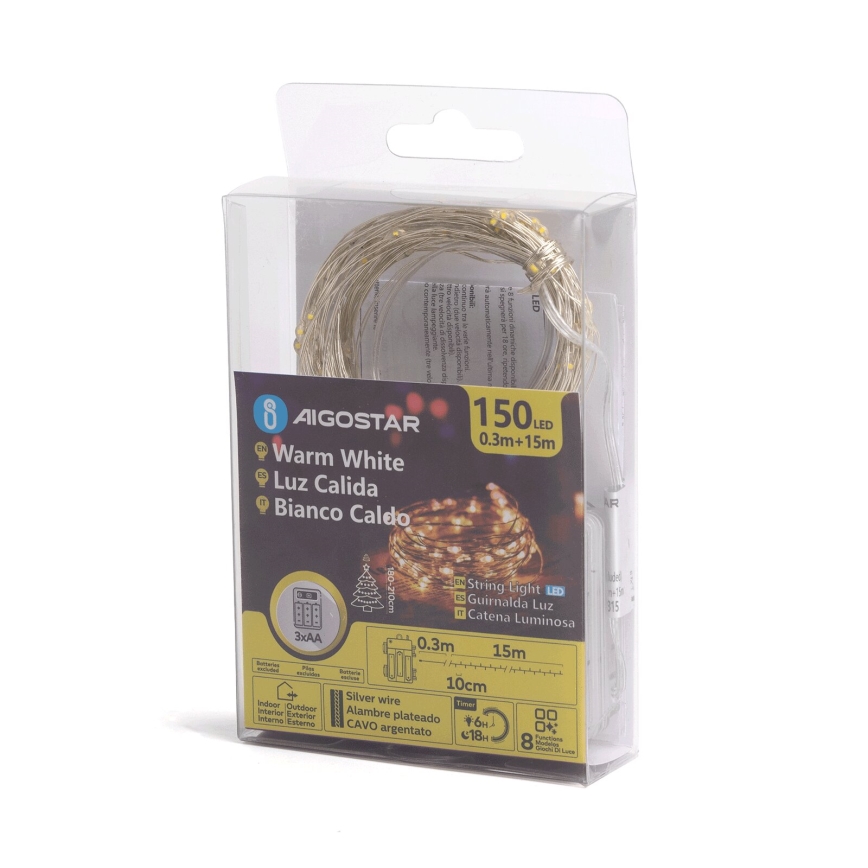 Aigostar -LED Kerst lichtsnoer voor buiten 150xLED/8 Functies 3xAA 15,3m IP44 warm wit