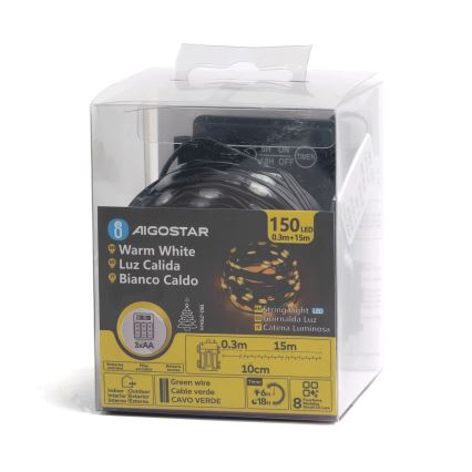 Aigostar -LED Kerst lichtsnoer voor buiten 150xLED/8 Functies 3xAA 15,3m IP44 warm wit