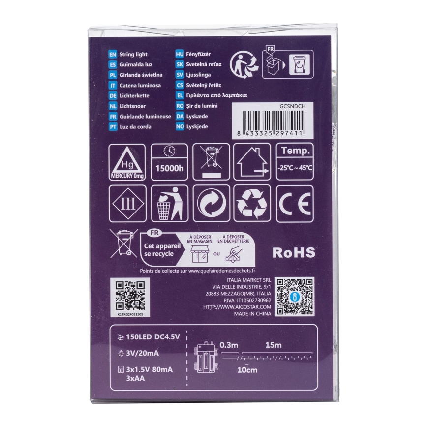 Aigostar -LED Kerst lichtsnoer voor buiten 150xLED/8 Functies 3xAA 15,3m IP44 warm wit
