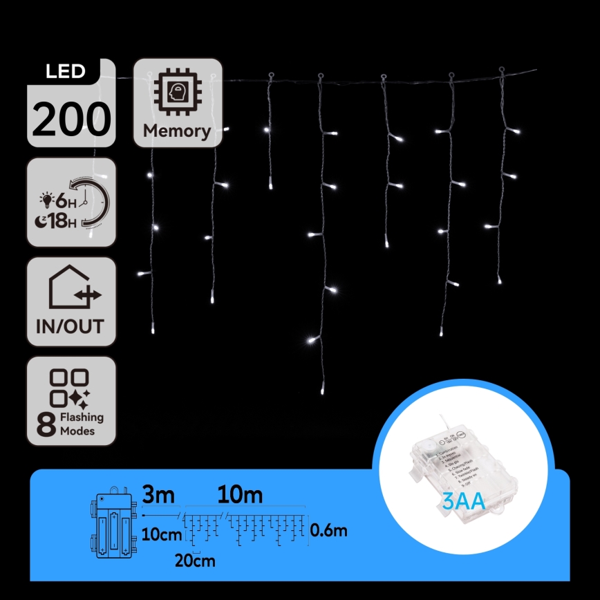Aigostar - LED Kerst lichtsnoer voor buiten 200xLED/8 Functies 3xAA 13x0,6m IP44 koud wit