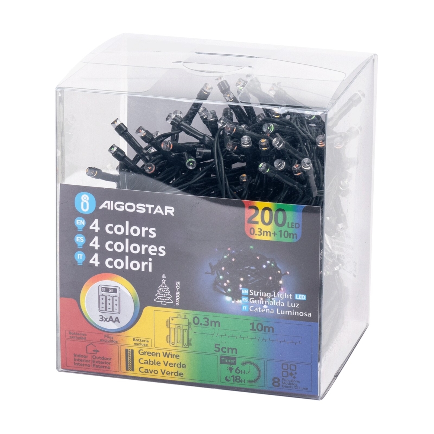 Aigostar -LED Kerst lichtsnoer voor buiten 200xLED/8 Functies 3xAA 10,3m IP44 Meerdere kleuren