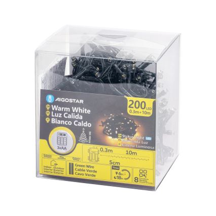 Aigostar - LED Kerst lichtsnoer voor buiten 200xLED/8 Functies 3xAA 10,3m IP44 warm wit