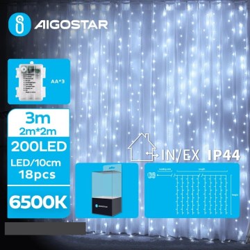 Aigostar - LED Kerst lichtsnoer voor buiten 200xLED/8 Functies 3xAA 5x2m IP44 koud wit