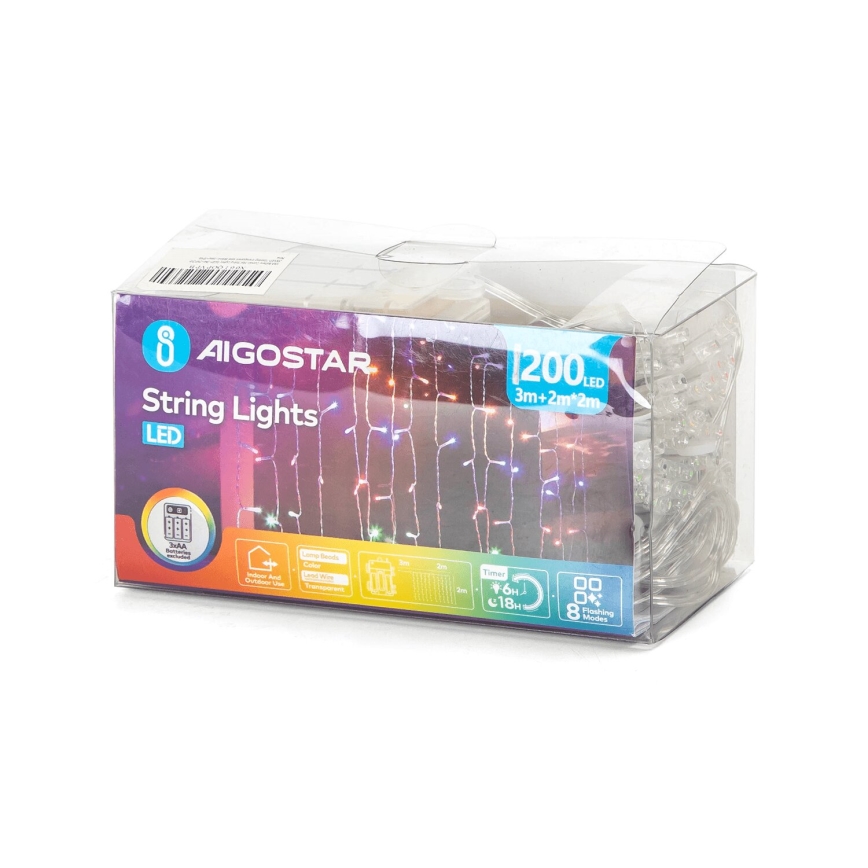 Aigostar - LED Kerst lichtsnoer voor buiten 200xLED/8 Functies 3xAA 5x2m IP44 Meerdere kleuren