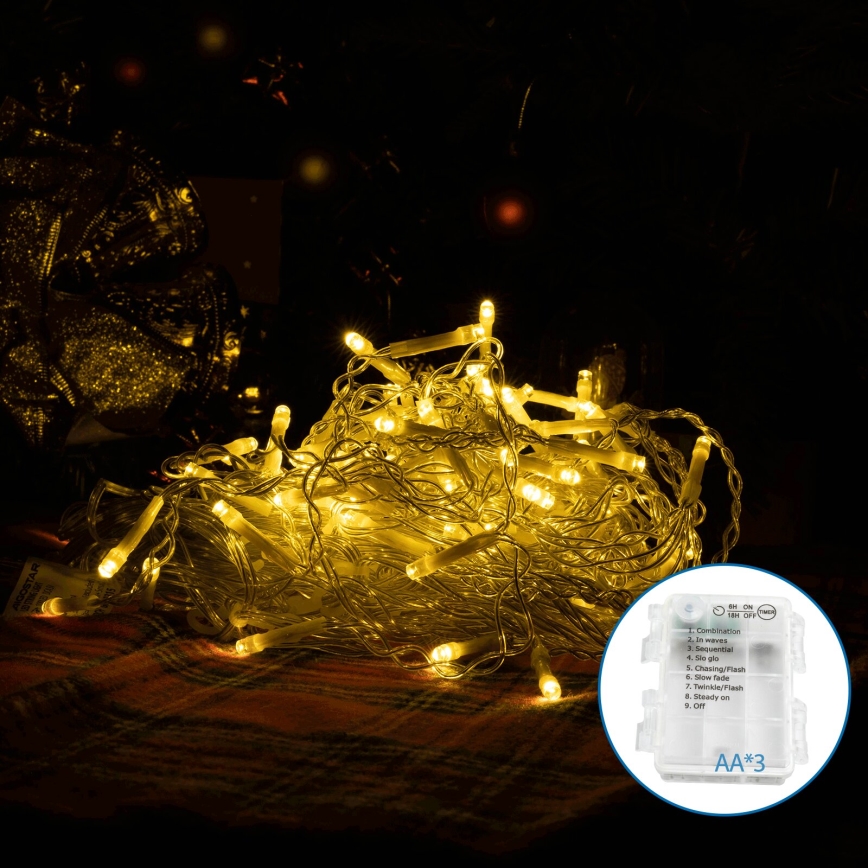 Aigostar-LED Kerst lichtsnoer voor buiten 200xLED/8 Functies 3xAA 6x1,5m IP44 warm wit