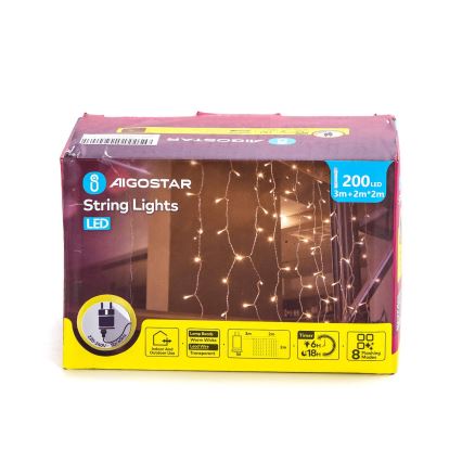 Aigostar - LED Kerst lichtsnoer voor buiten 200xLED/8 Functies 5x2m IP44 warm wit