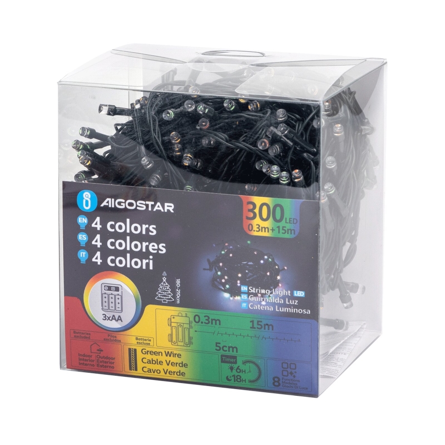 Aigostar -LED Kerst lichtsnoer voor buiten 300xLED/8 Functies 3xAA 15,3m IP44 Meerdere kleuren