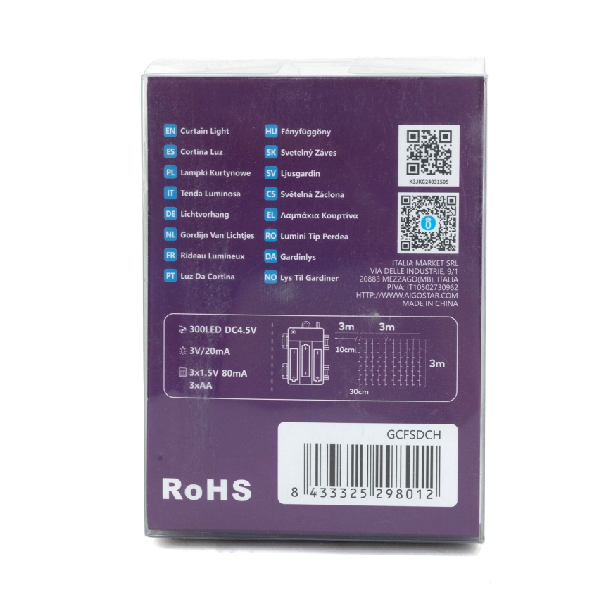 Aigostar-LED Kerst lichtsnoer voor buiten 300xLED/8 Functies 3xAA 6x2m IP44 koud wit