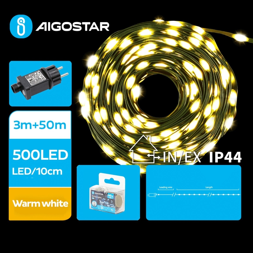 Aigostar - LED Kerst lichtsnoer voor buiten 500xLED/8 Functies 53m IP44 warm wit