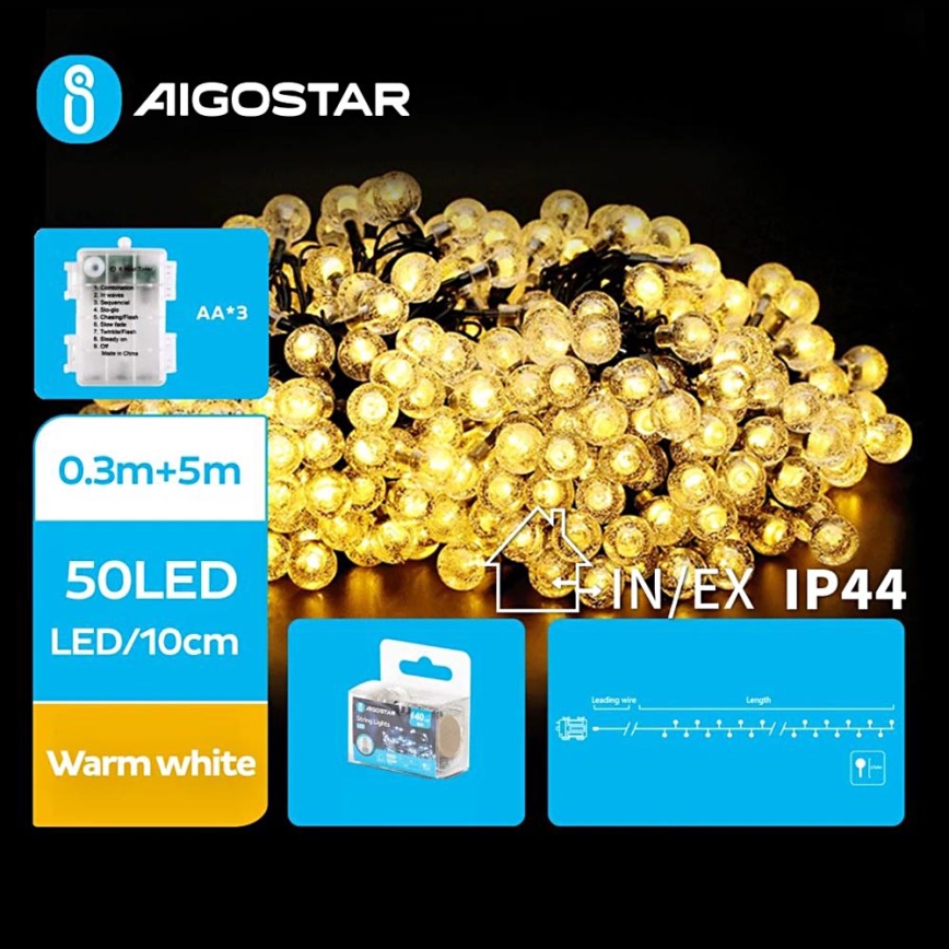 Aigostar - LED Kerst lichtsnoer voor buiten 50xLED/3xAA/8 Functies 5,3 m IP44 warm wit